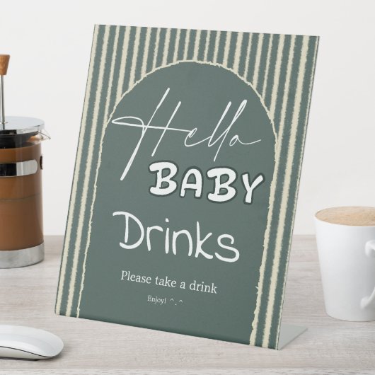 Hello Baby Dark Green Stripes Baby Shower Drinks Sockelschild (In Situ)