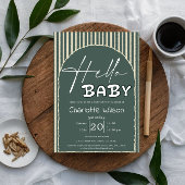 Hello Baby Dark Green Stripes Baby Shower Einladung