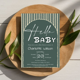 Hello Baby Dark Green Stripes Baby Shower Einladung