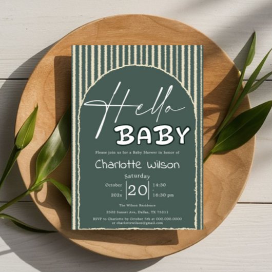 Hello Baby Dark Green Stripes Baby Shower Einladung
