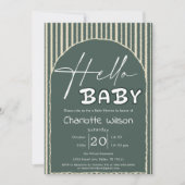 Hello Baby Dark Green Stripes Baby Shower Einladung (Vorderseite)