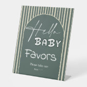 Hello Baby Dark Green Stripes Baby Shower Favors Sockelschild (Vorderseite)