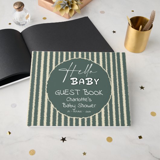 Hello Baby Dark Green Stripes Baby Shower Gästebuch (Vorderseite Offen)