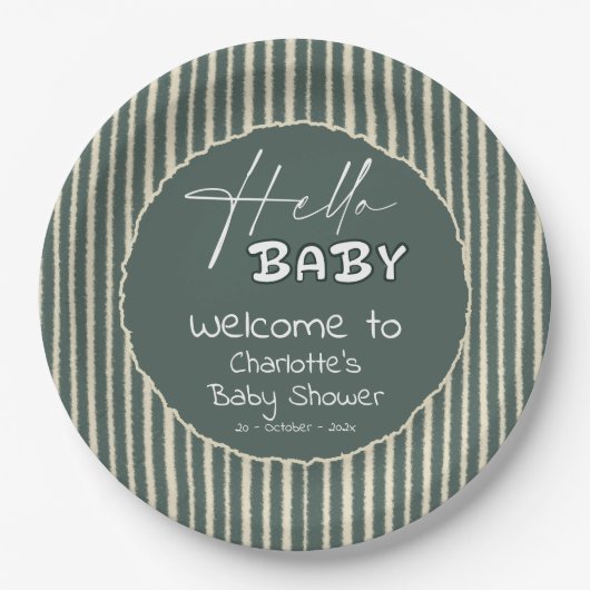 Hello Baby Dark Green Stripes Baby Shower Pappteller (Vorderseite)
