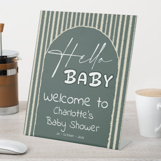 Hello Baby Dark Green Stripes Baby Shower Welcome Sockelschild (In Situ)