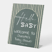 Hello Baby Dark Green Stripes Baby Shower Welcome Sockelschild (Vorderseite)