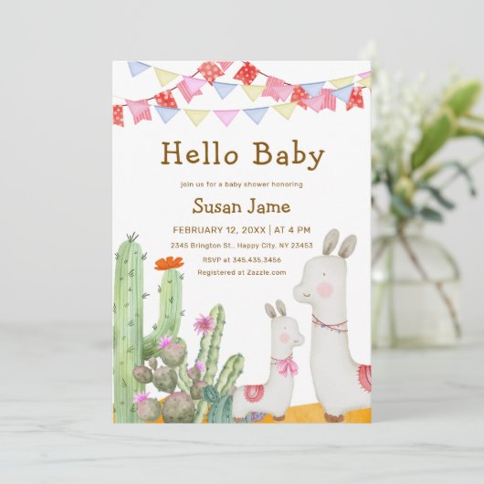Hello Baby Desert Cactus Llama Fiesta Baby Shower Einladung (Stehend Vorderseite)