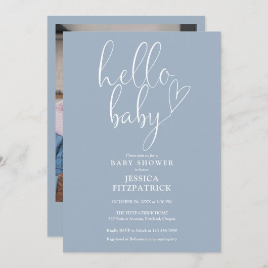 Hello Baby Dusty Blue Boy Foto Baby Shower Einladung (Vorne/Hinten)