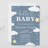 Hello Baby Dusty Blue Clouds Moderne Babydusche Einladung (Vorderseite)