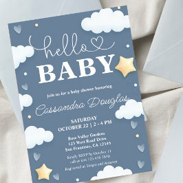 Hello Baby Dusty Blue Clouds Moderne Babydusche Einladung