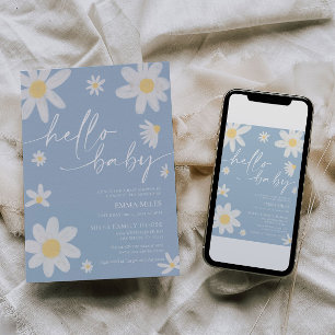 Hello Baby Dusty Blue Daisy Baby Shower Einladung