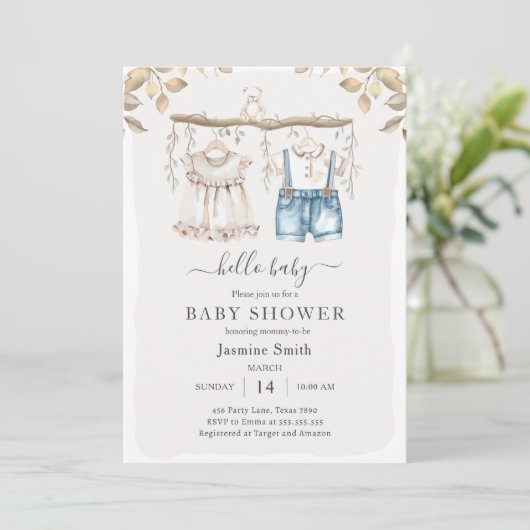Hello Baby Elegant Boho Clothes Baby Shower Einladung (Stehend Vorderseite)