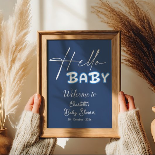 Hello Baby Elegant Dark Blue Baby Dusche Willkomme Poster