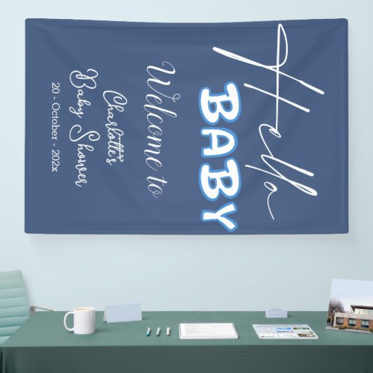 Hello Baby Elegant Dark Blue Baby Shower Banner (Messe)
