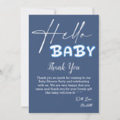 Hello Baby Elegant Dark Blue Baby Shower Dankeskarte (Vorderseite)