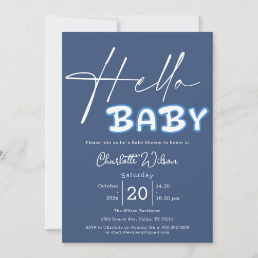 Hello Baby Elegant Dark Blue Baby Shower Einladung (Vorderseite)