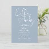 Hello Baby Elegant Script Dusty Blue Baby Shower Einladung (Stehend Vorderseite)