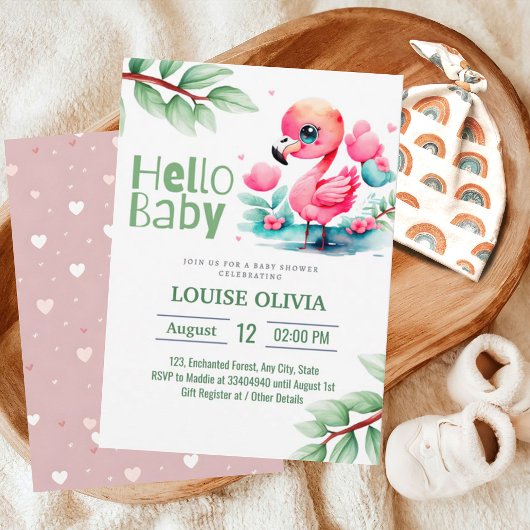 Hello Baby Flamingo Eucalyptus Baby Shower Einladung