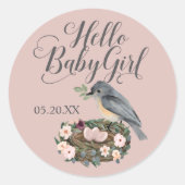 Hello Baby Girl Floral Bird's Nest Baby Shower Runder Aufkleber (Vorderseite)