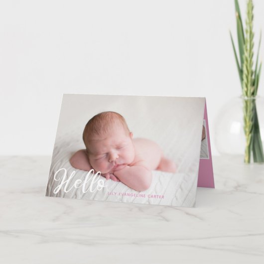 Hello Baby Girl Foto Einfaches Script Rosa Geburt Ankündigung (Vorderseite)