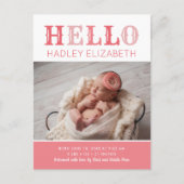 Hello Baby Girl Foto Geburtsankündigung Postkarte (Vorderseite)