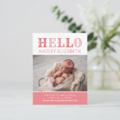 Hello Baby Girl Foto Geburtsankündigung Postkarte (Stehend Vorderseite)