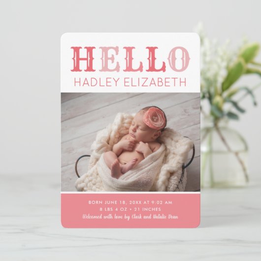 Hello Baby Girl Foto Geburtserklärung Ankündigung (Stehend Vorderseite)