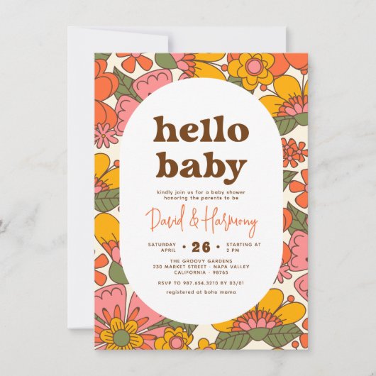 Hello Baby | Groovy Retro Blume Boho Babydusche Einladung (Vorderseite)