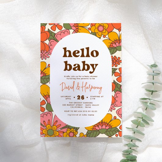 Hello Baby | Groovy Retro Blume Boho Babydusche Einladung