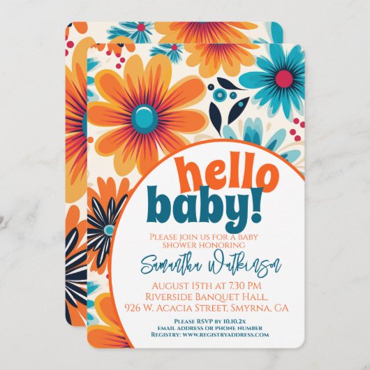Hello Baby Groovy Retro Boho Blume Babydusche Einladung (Vorne/Hinten)