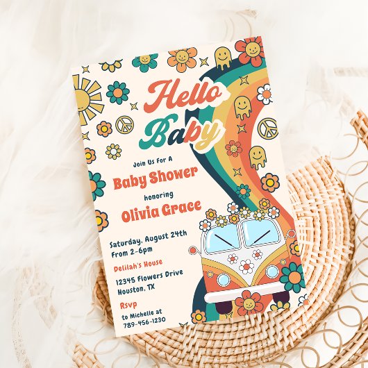 Hello Baby Groovy Retro Floral Baby Shower Party Einladung
