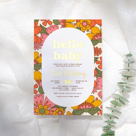 Hello Baby | Groovy Retro Floral Gold Babydusche Folieneinladung