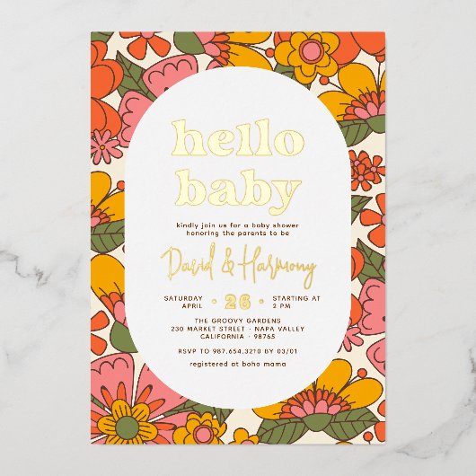 Hello Baby | Groovy Retro Floral Gold Babydusche Folieneinladung (Vorderseite)