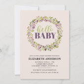 Hello Baby Lila Wreath Baby Dusche Einladung (Vorderseite)