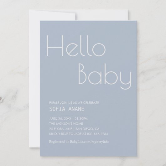Hello Baby Minimal Clean Blue Typografy Boy Einladung (Vorderseite)