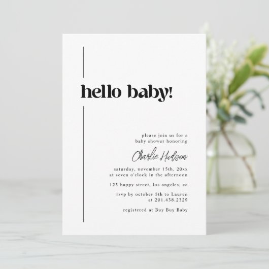 Hello Baby Minimalistisch Retro Baby Dusche Einladung (Stehend Vorderseite)