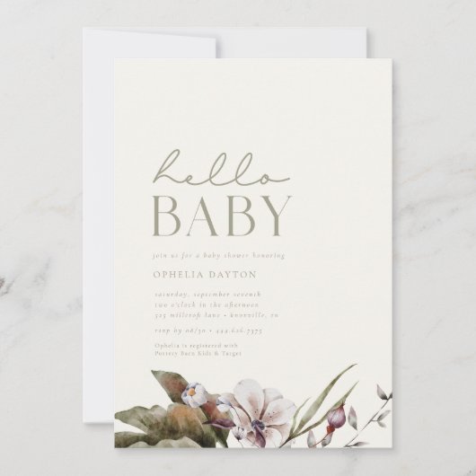 HELLO BABY | Minimalistisches Kinderbett und Elfen Einladung (Vorderseite)