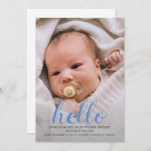 Hello Baby Modern Boy Geburtserklärung Fotokarte (Vorne/Hinten)