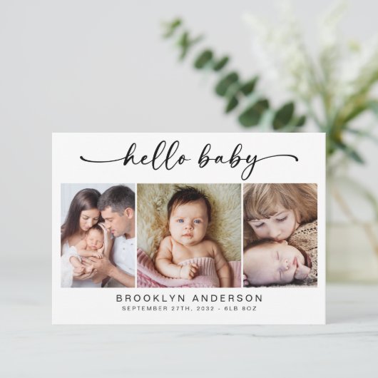Hello Baby | Modernes Drei-Foto-neues Baby Dankeskarte (Stehend Vorderseite)