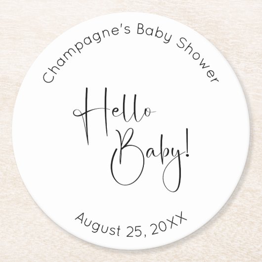 Hello Baby Modernes Script Baby Dusche Runder Pappuntersetzer (Vorderseite)