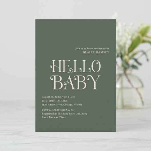 Hello Baby Moss Green Modern Baby Dusche Einladung (Stehend Vorderseite)