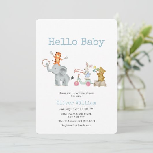 Hello Baby Musical Elephant Parade Baby Shower   Einladung (Stehend Vorderseite)