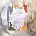 Hello Baby | Niedlich Boho Clothes Girl Babydusche Einladung<br><div class="desc">Eine niedliche, moderne Babydusche mit "Hello Baby" in Terracotta-Schriftzeichen und Dusch-Informationen in einfacher Typografie. Um den Kartenrand herum gibt es niedliche Babykleider: Hosen, Schlafanzüge, Kleider, Kleider, Kleider, Hobby, Overalls, Dungare, Badekleidung, Babyschuhe und eine kleine Bärenhandtasche! Die Kleidung ist in einem böhmischen Farbschema aus Rost-Orange, Senfgelb, Creme, Rosa, Beige, Grün und...</div>