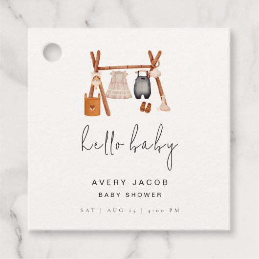 Hello Baby | Niedlich Boho Kleidung Kinderdusche Geschenkanhänger (Vorderseite)