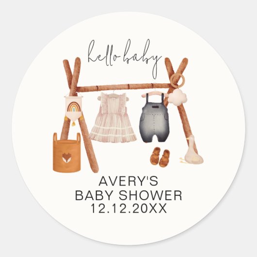 Hello Baby | Niedlich Boho Kleidung Kinderdusche Runder Aufkleber (Vorderseite)