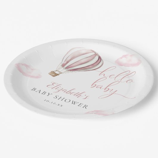 Hello Baby Pink Hot Air Ballon Babydusche Pappteller (Schrägansicht)