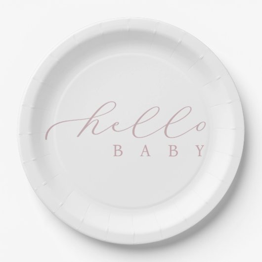Hello Baby Pink Script Minimalistisch Baby Dusche Pappteller (Vorderseite)
