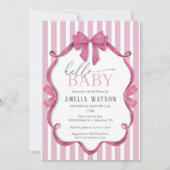 Hello Baby Pink Striped Bow Baby Shower Einladung (Vorderseite)