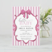 Hello Baby Pink Striped Bow Baby Shower Einladung (Stehend Vorderseite)