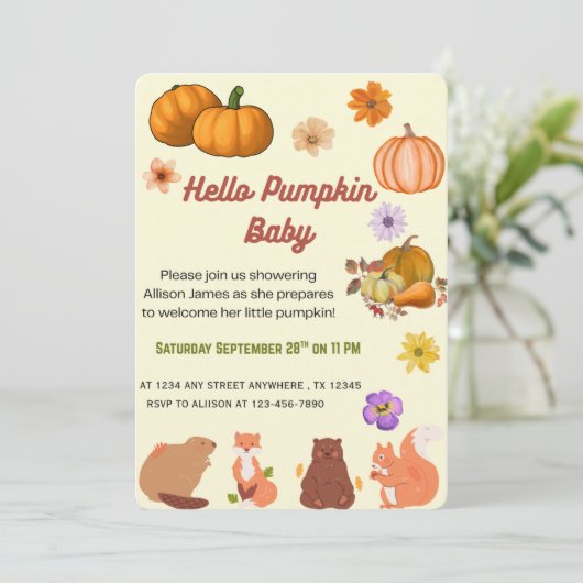 Hello Baby Pumpkin Fall Baby Shower Invitation Einladung (Stehend Vorderseite)